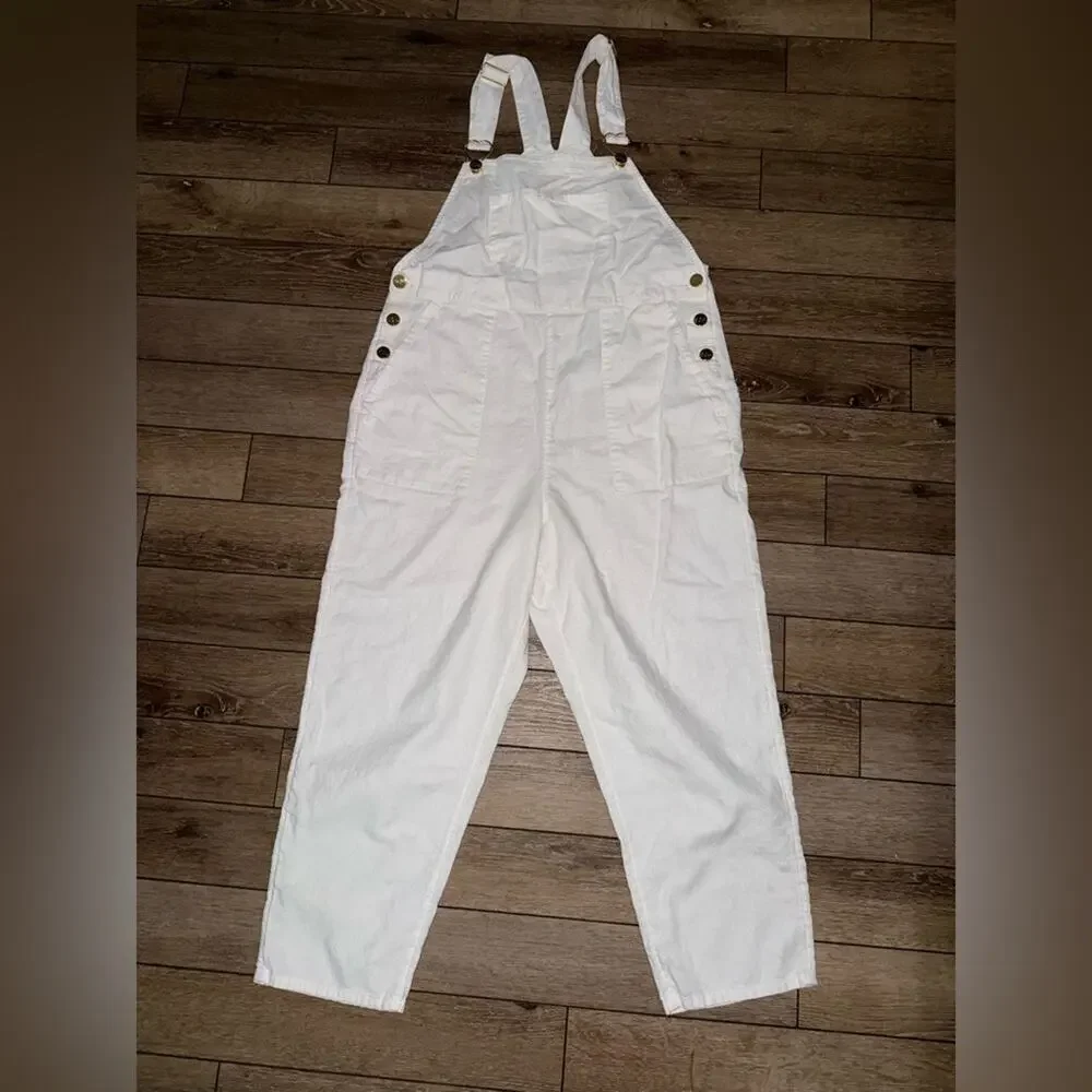 UEC Stoney Clover Lane White Linen Rayon Blend Cropped Overalls SZ M